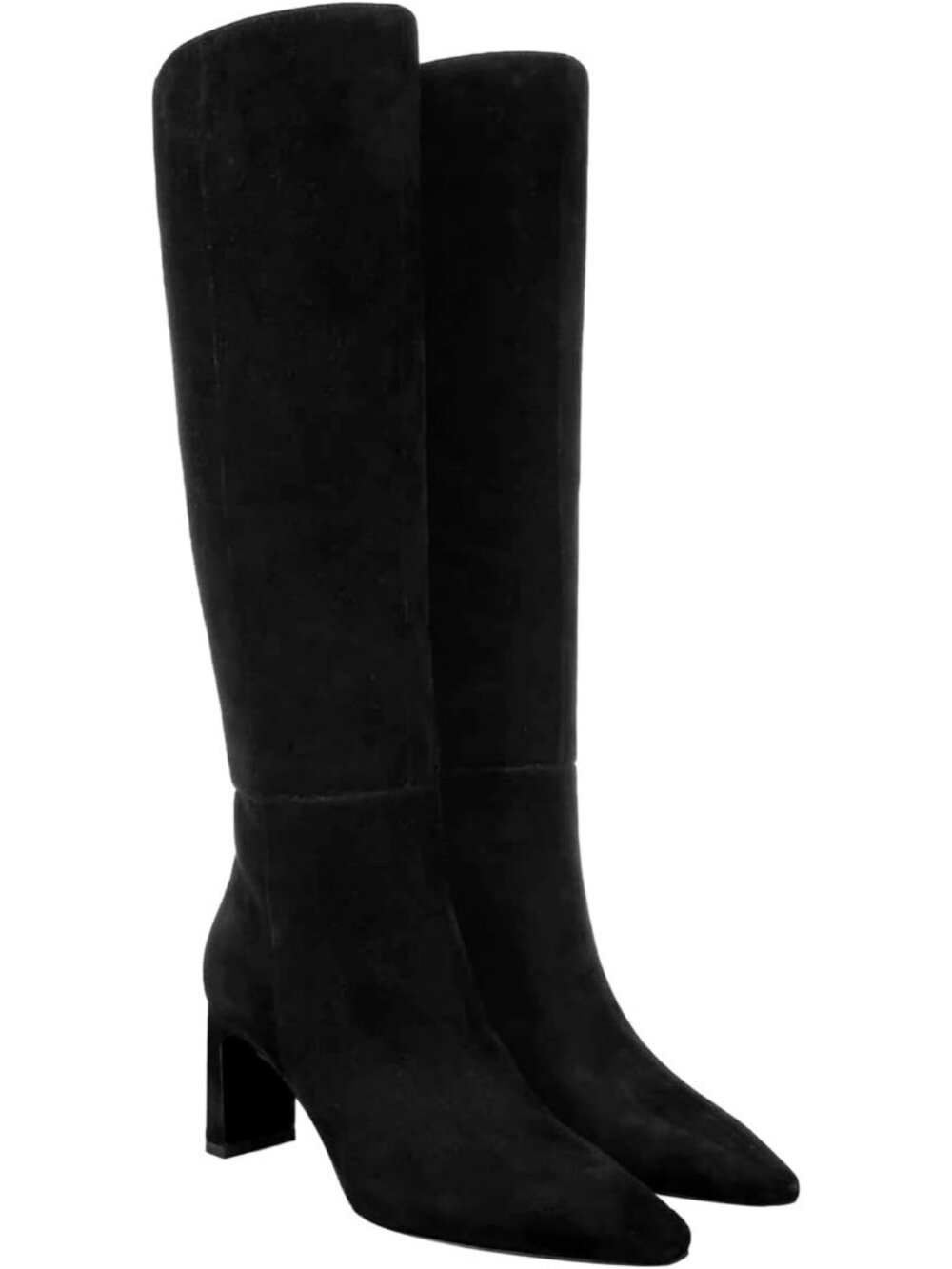 Women's Black Closed Pointed Toe Chunky Heel Side Zipper Dress Knee High Boots